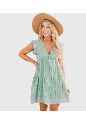 Mint Green Eyelet V-Neck Babydoll Romper with Pockets